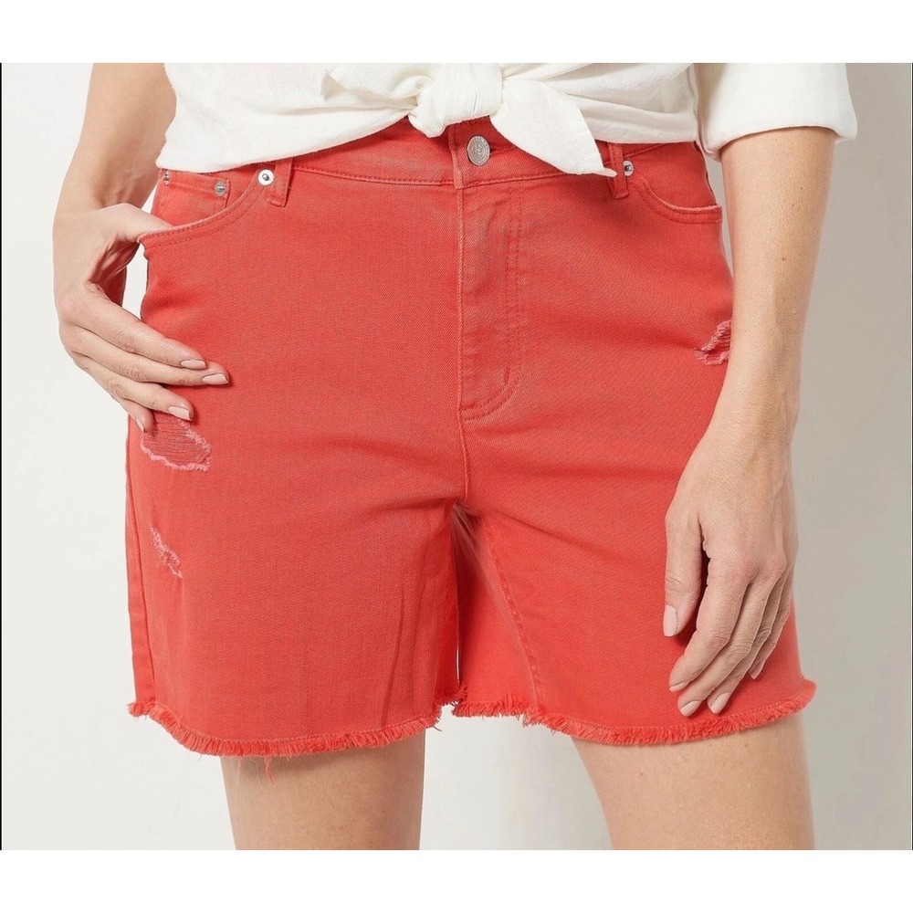 Candace Cameron Bure Distressed Denim Shorts Coral Frayed Hem Size 22W